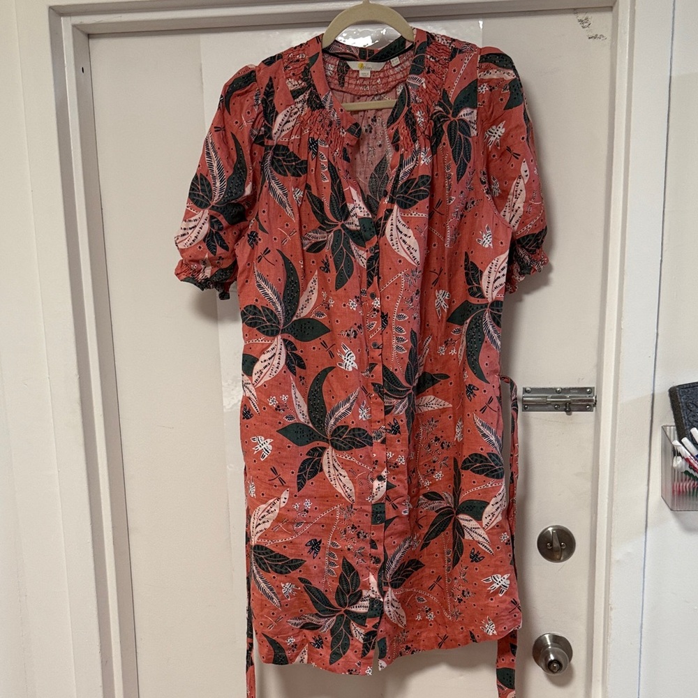 Boden Coral and Forest Patterned Shirt Dress
